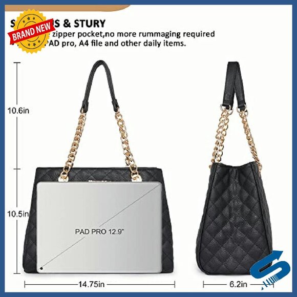 Quilted Medium Tote Bag with Gold Chain Strap - 13.25x9.5x5.5 - Picture 7 of 8